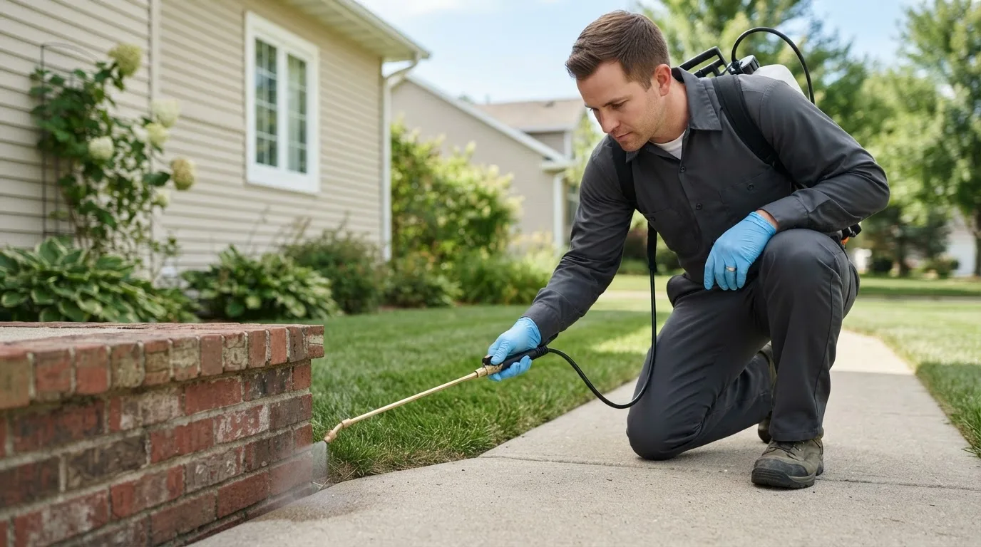 Pest control technician treating a home near Claxton, GA